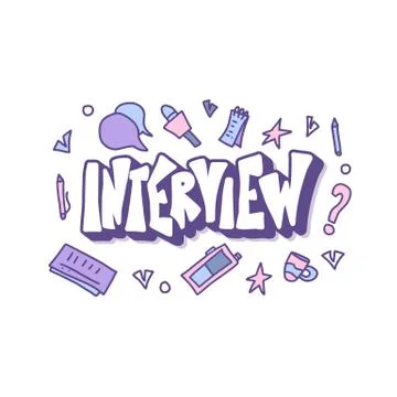 Interview lettering with decoration design elements isolated on white backgro Illustrazione stock