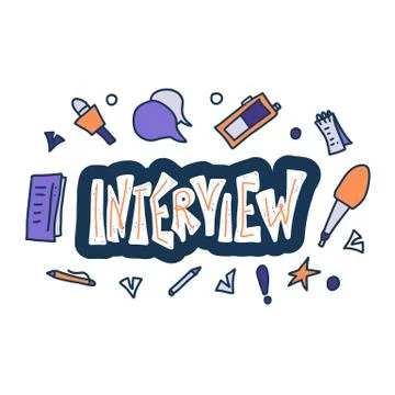 Interview lettering with decoration design elements isolated on white backgro Stock Illustration