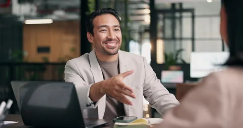 Interview, man and happy with handshake in office for internal vacancy, new Stock Footage 340782903