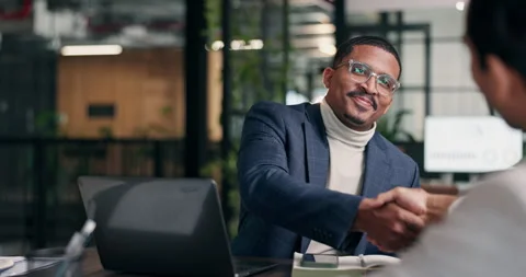 Interview, man and smile with handshake in office for finance vacancy, new Stock Footage 340796452