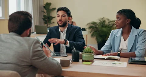 Interview, notebook and tablet with business people in office for onboarding or Stock Footage 300652485