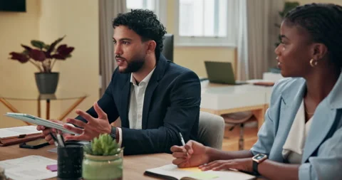 Interview, notes and tablet with business people in office for onboarding or Stock Footage 300992268