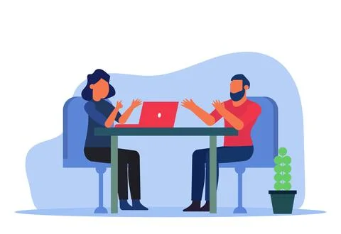 Interview in the office, a woman at a computer talking to a man. Get a pres.. Illustrazione stock