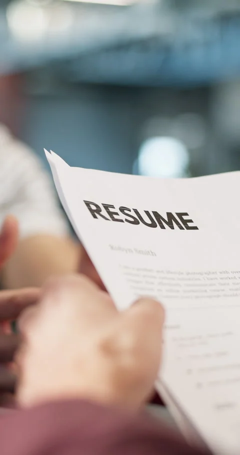 Interview, paperwork and hands of people with resume for job opportunity, hiring Stock Footage 342712035