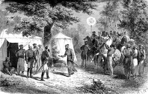 Interview passengers and Raja Bunera, vintage engraving. Stockillustratie