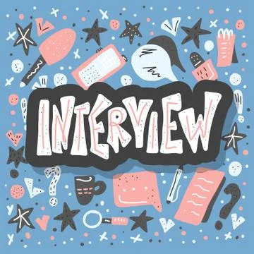 Interview poster with lettering and hand drawn decoration design elements. Se Stock Illustration