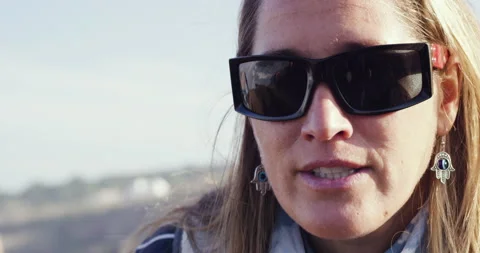 Interview with pro surfer Aline Van Haren about her big wave surfing Stock Footage 156614366