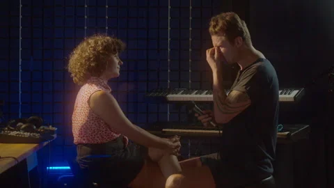 Interview recording. Working process. Caucasian man and woman doing interview in Stock Footage 139143963