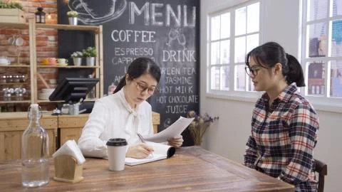 Interview recruiter asking questions applicant Stock Photos