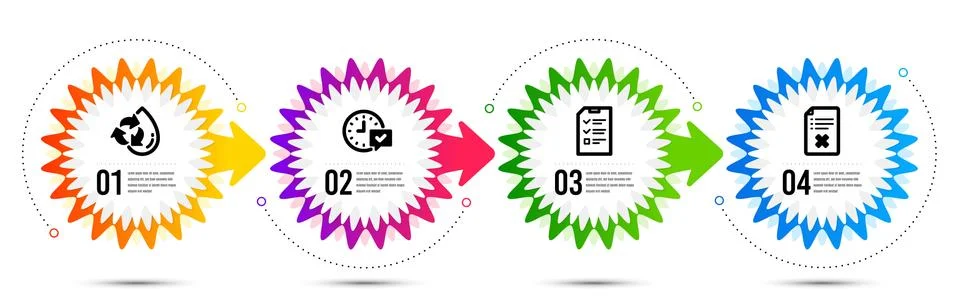 Interview, Reject file and Select alarm icons set. Recycle water sign. Vector Stock Illustration