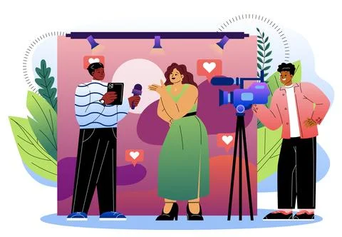 Interview scene with camera crew setup. Vector illustration Stock Illustration