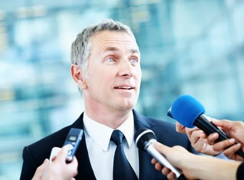 Interview, senator and event with man and microphone for journalist, political c Fotos Stock