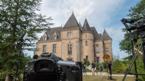 Interview set with dslr camera ready to go at french castle Stock Photos