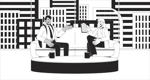 Interview show on TV black and white line illustration Stock Illustration