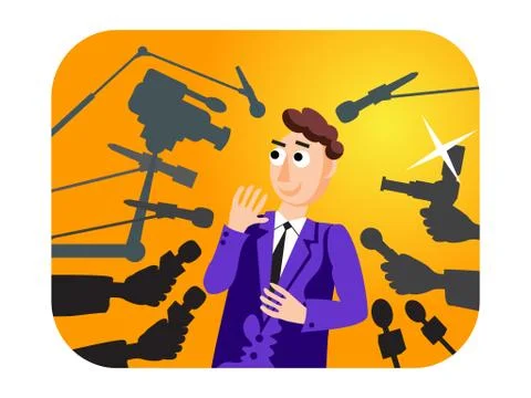 Interview. Speaker man. Press conference. News. Live report, live news. Many Stock Illustration