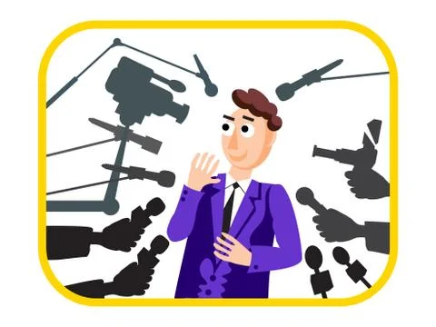 Interview. Speaker man. Press conference. News. Live report, live news. Many Illustrazione stock
