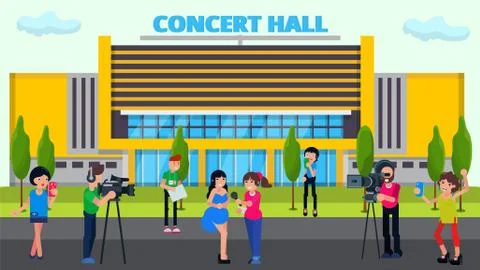 Interview star, journalist work, vector illustration. Media woman character with Stock Illustration