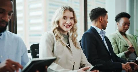 Interview, waiting or face of happy woman with phone in queue for hiring Stock Photos