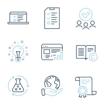 Interview, Web report and Chemistry experiment icons set. Web lectures, Idea and Illustrazione stock