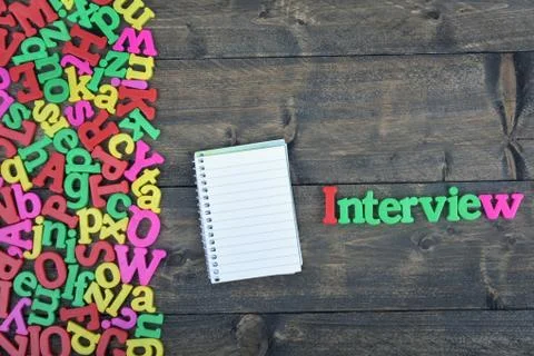 Interview on wooden table 스톡 사진