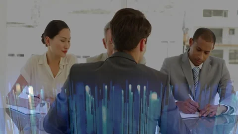 Interviewee sitting across conference table in business office, showcasing data 스톡 동영상 307438350