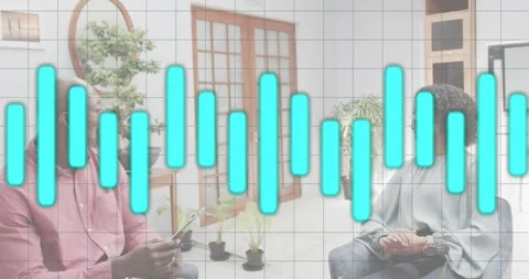 Interviewee starting talk and activating turquoise waveform grid while counselor 스톡 동영상 318551199