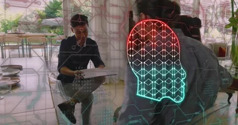 Interviewer flipping tablet folder starting discussion while circuit overlay Stock Footage 317716126
