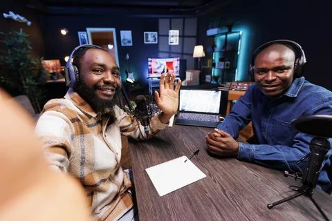 Interviewer vlogging radio program Stock Photos