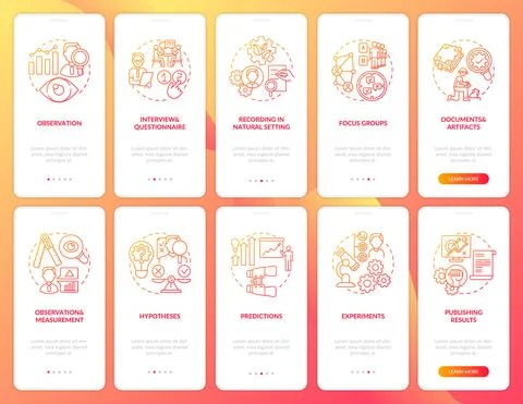Interviews and questionnaire onboarding mobile app page screen with concepts set Ilustración de archivo