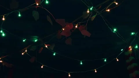 Interwoven trails of multi-colored LED fairy lights draped alongside delicate ar Stock Footage 345971836