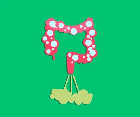 Intestines on a green background. Bloating. Vector. Stock Illustration