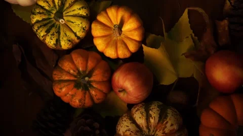 Intimate autumn festival setting with rustic wooden background and cinematic Stock Footage 343903760