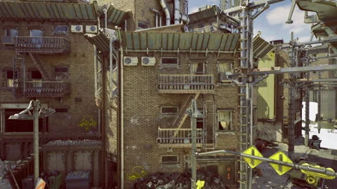 Intimate perspective capturing complex layers of city alleyway and utility lines Stock Footage 340659655