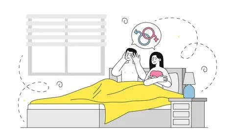 Intimate problems concept. Dissatisfied man and woman lying in bed under blanket イラスト素材