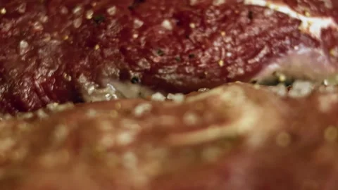 Intimate raw beef seasoned with coarse salt before searing in hero view, 4K Stock Footage 341103929