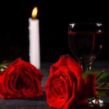 Intimate romantic candlelit setting, two roses, one glass of red wine, black Stock Photos