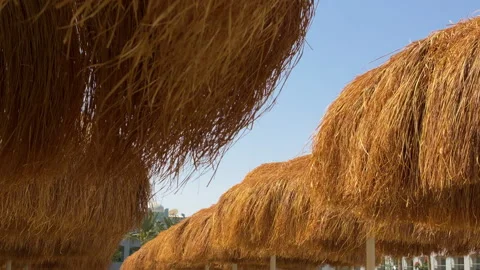 Intimate Shot Capturing Textured Straw Edge Of Beach Canopy Swaying Gently In Stock-Footage 337939937