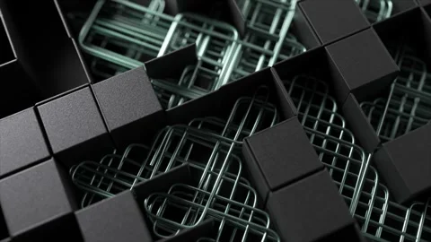 Intricate 3D labyrinth of matte black cubes and silver grids, casting subtle Stock Footage 259706457
