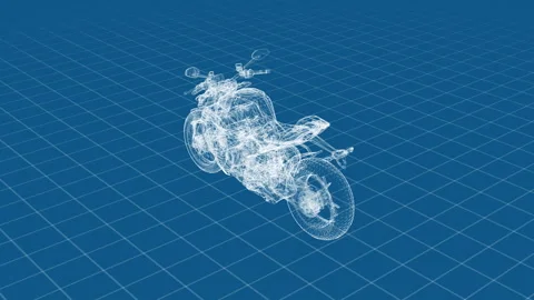 Intricate 3D Motorcycle Blueprint Design on a Gridded Blue Background Illus.. Stock Footage 344657164