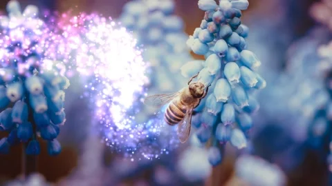 Intricate 3D render of bees amidst sparkling blue flowers and light effects Stock Footage 346888544