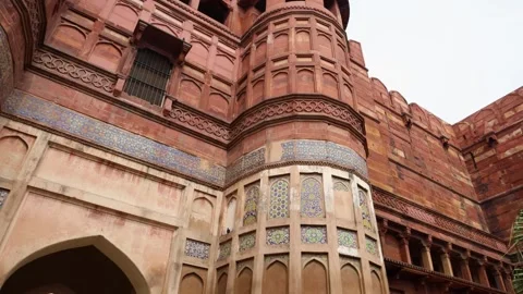 Intricate Agra Fort Facade Showcasing Mughal Architectural Details and Tile.. Stock Footage 337524324