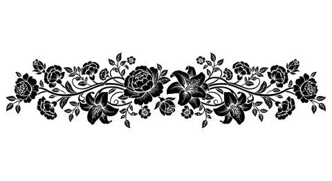 An intricate and dense pattern of floral and leaf motifs in black ink Stock Illustration