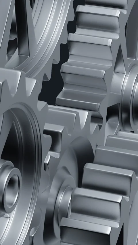 Intricate Array of rotating Interlocking Metal Gears in Close-Up View Stock Footage 289555043