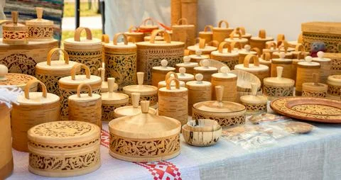 Intricate Birch Bark Boxes 库存照片