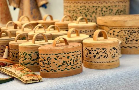 Intricate Birch Bark Boxes Stock Photos