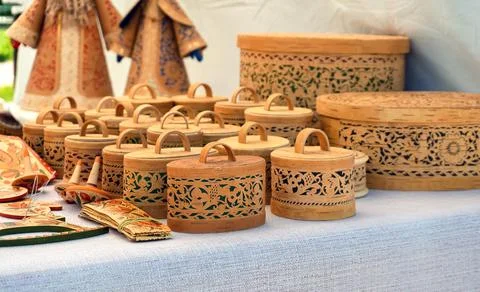 Intricate Birch Bark Boxes Stock Photos