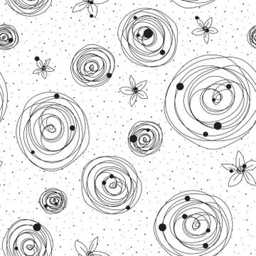 Intricate black and white pattern with flowers and splashes of glomeruli Stock Illustration