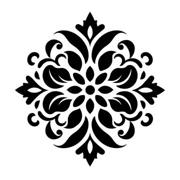 Intricate black ornamental damask pattern featuring symmetrical floral Stock Illustration