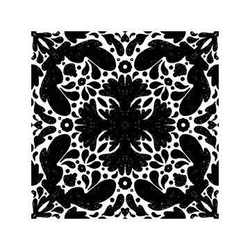 Intricate black pattern with symmetrical ornamental pattern in linocut style. Illustrazione stock