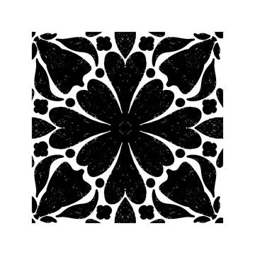 Intricate black pattern with symmetrical ornamental pattern in linocut style. イラスト素材